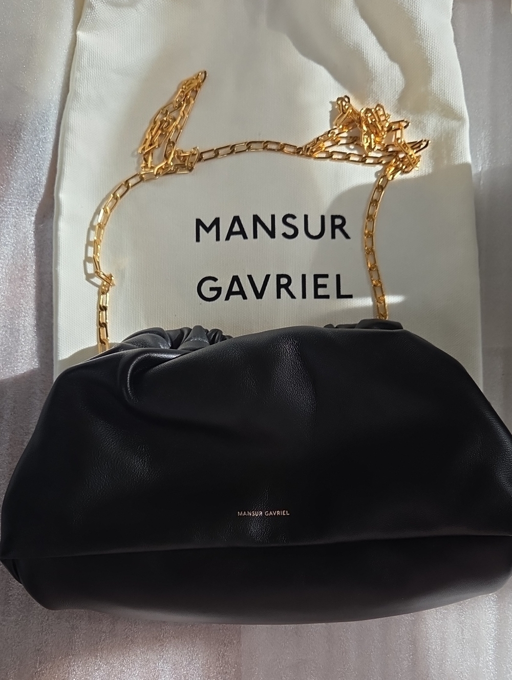 Mansur Gavriel Classic Black/Flamma Leather Mini Cloud with Gold Chain Strap